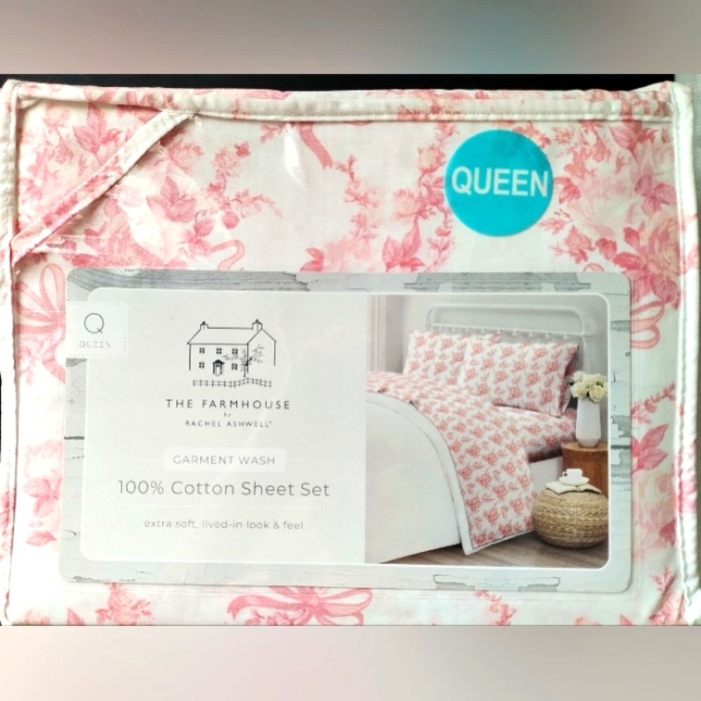 Shabby Chic Rachel Ashwell Farmhouse QUEEN sheet set Pink Floral & Ribbons Bows